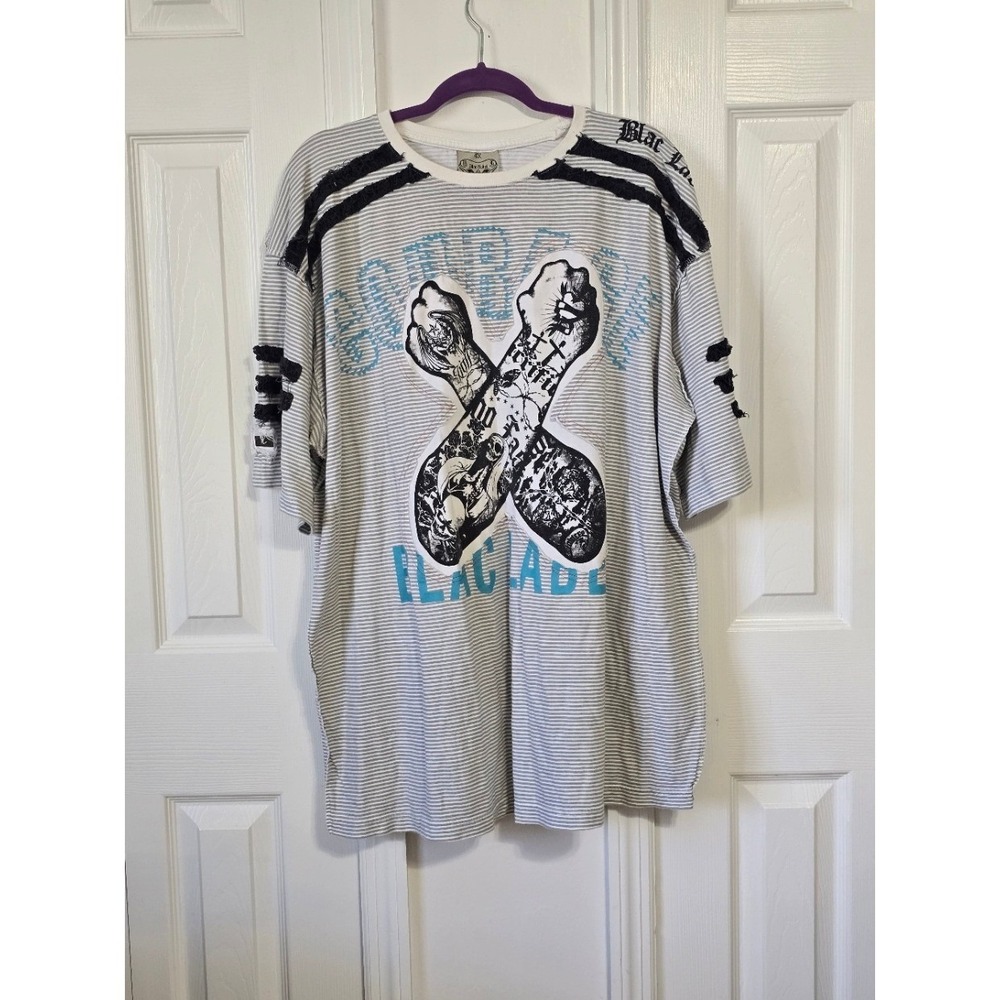 Black Label Men's 4XL Striped Graphic T-Shirt Tattoo Fists "All Serious Daring"